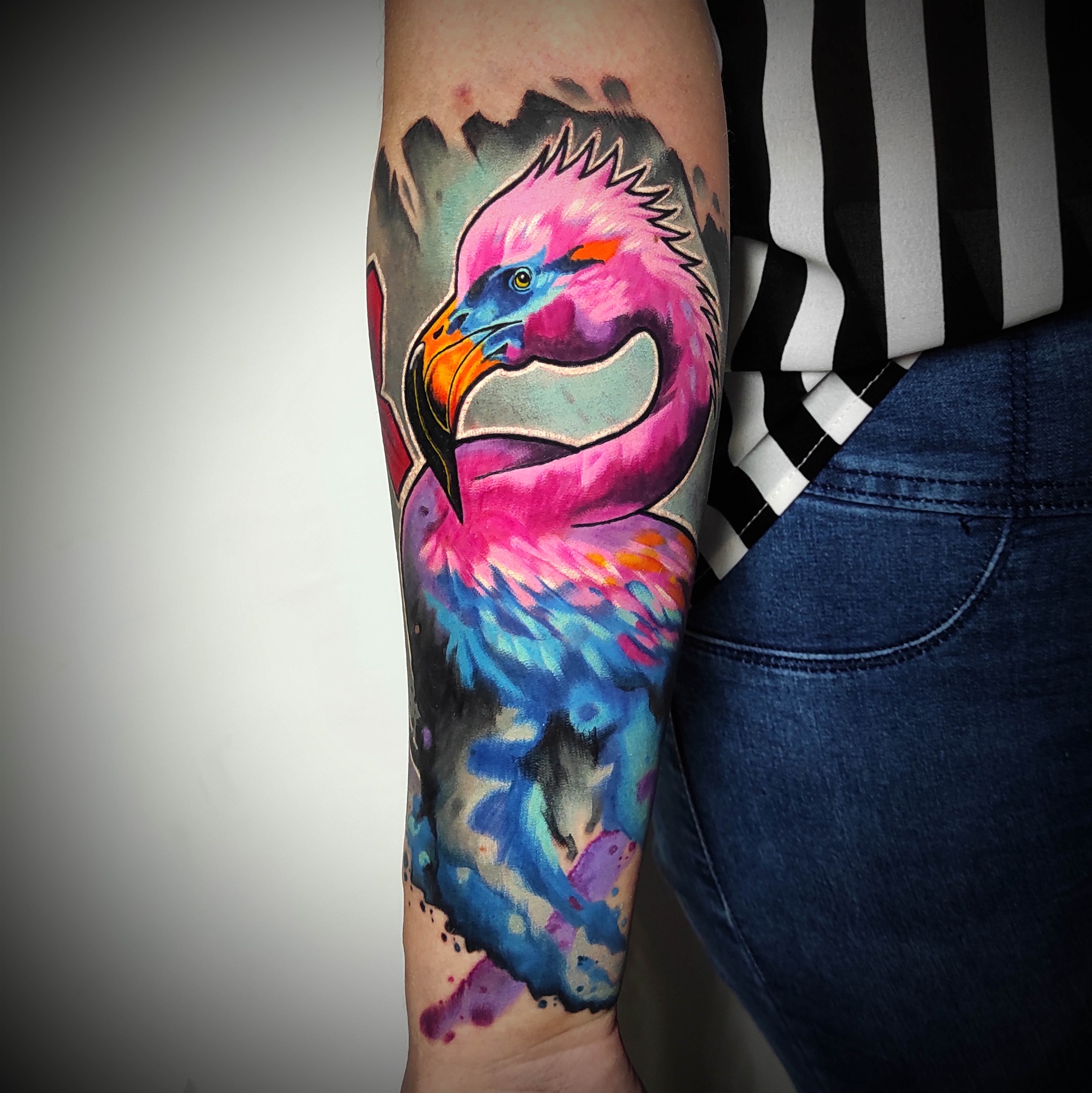 Kolorowy tatuaż ptak newschool - DINKZ ART studio tatuażu Śląsk