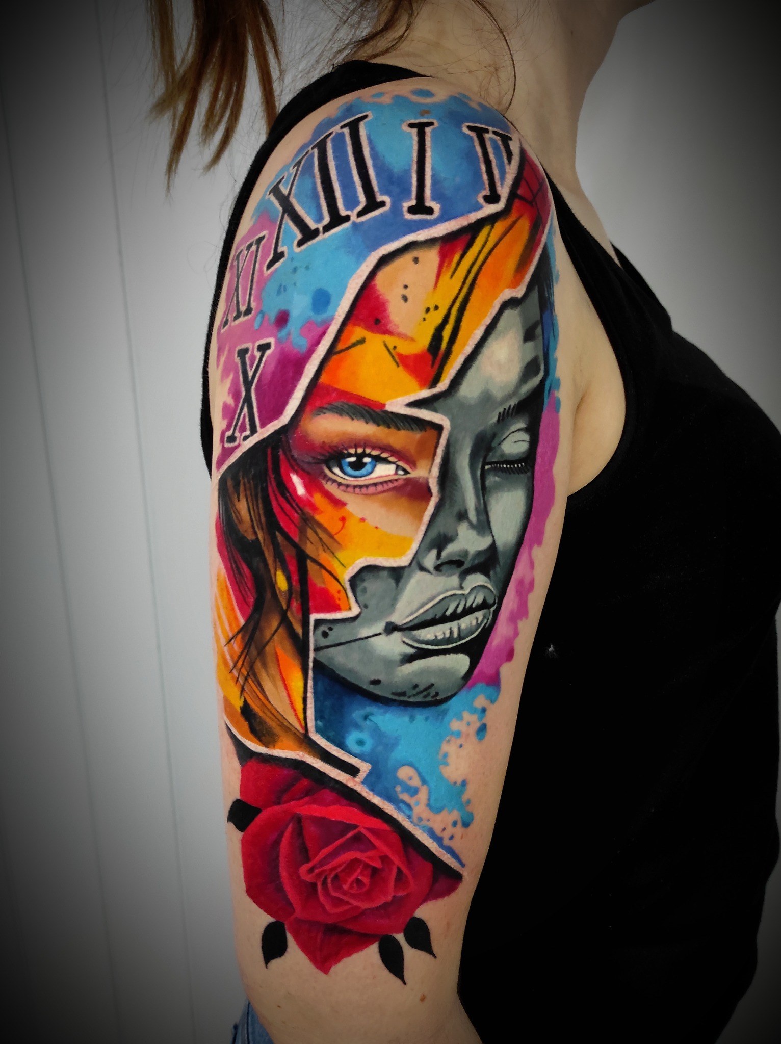 Kolorowy tatuaż portret graficzny z różą - DINKZ ART