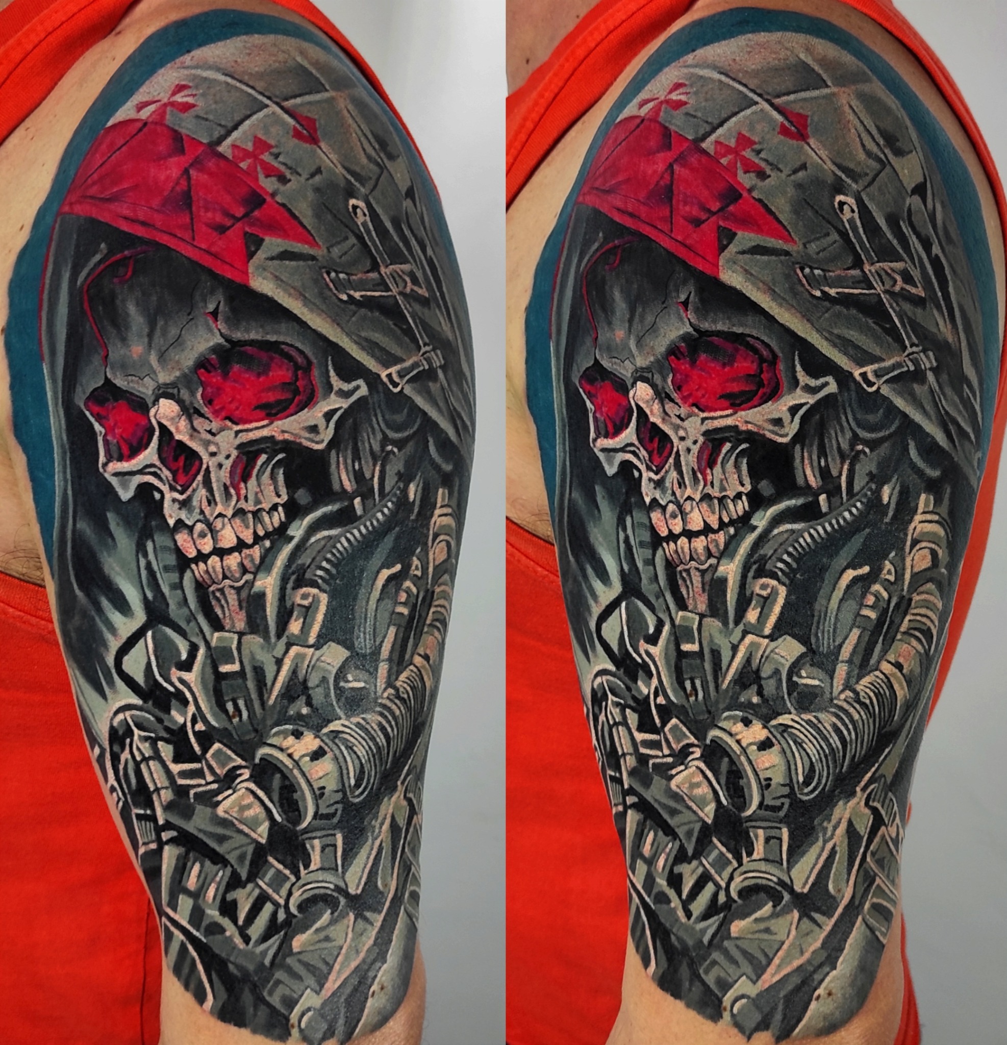 Mroczny tatuaż czaszka z czerwonymi oczami - DINKZ ART