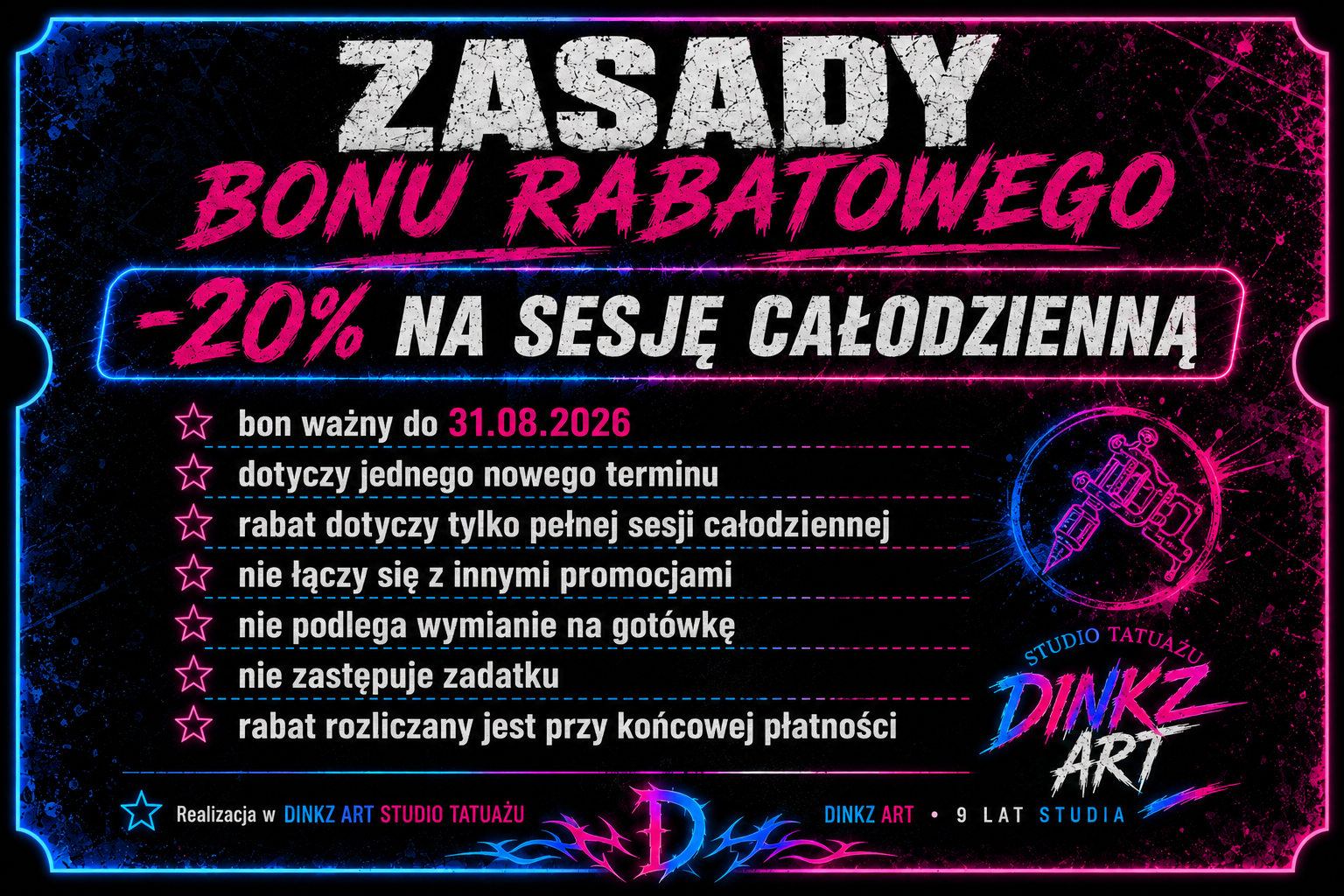 Zasady bonu rabatowego 20 procent na sesję całodzienną MysteryBox DINKZ ART